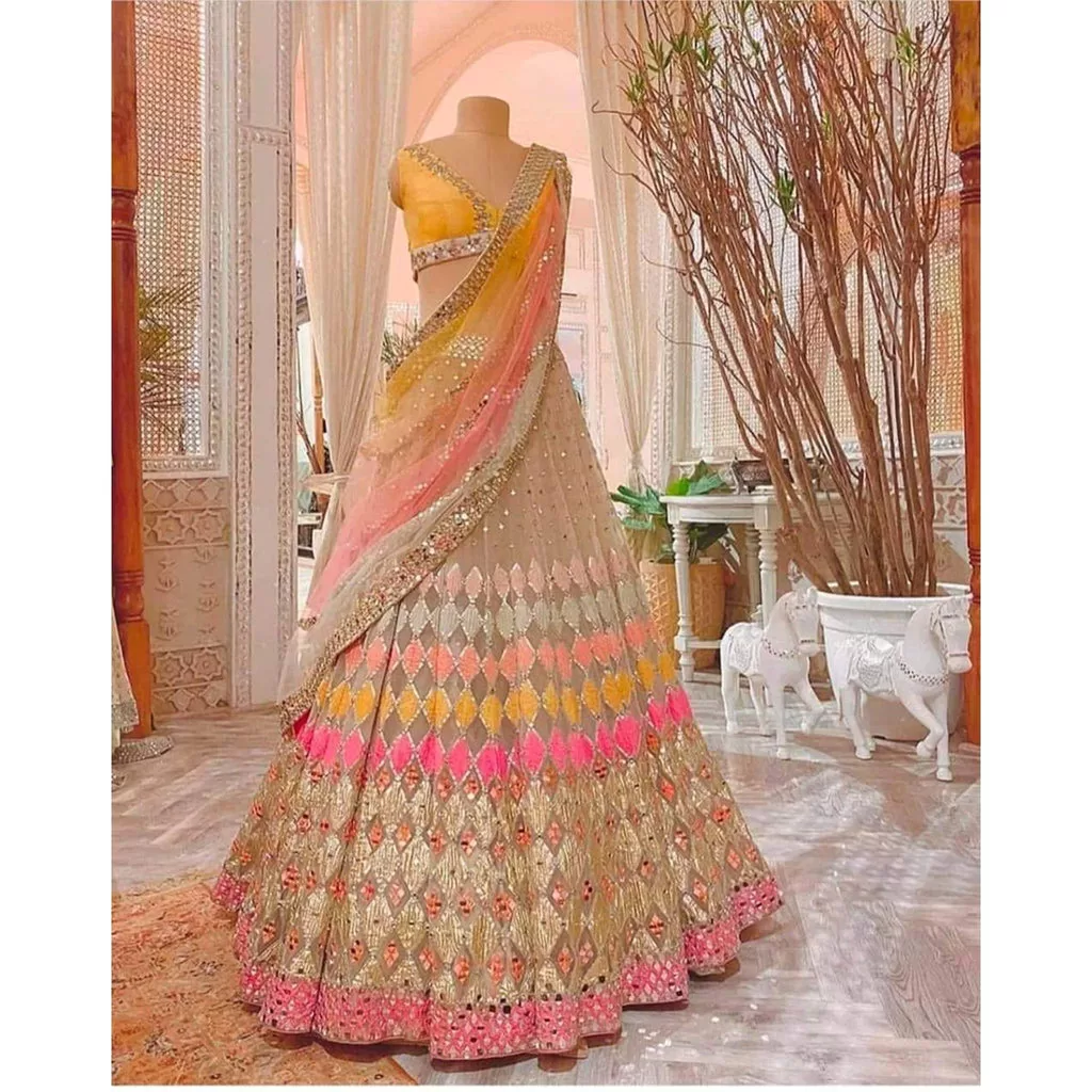 Multi Colored Butterfly Net Mirror Work Lehenga Choli