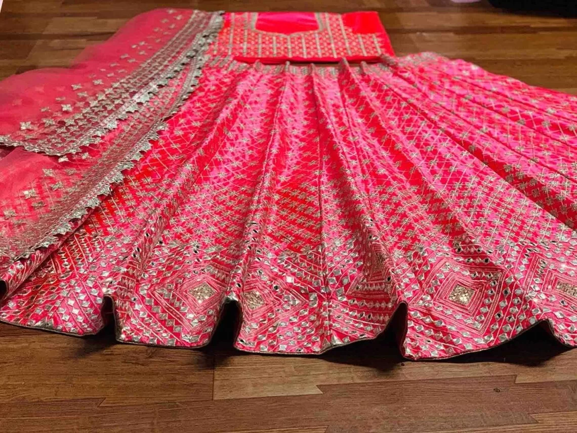 Designer Pink Mouch Silk Lehenga Choli with Mirror Work