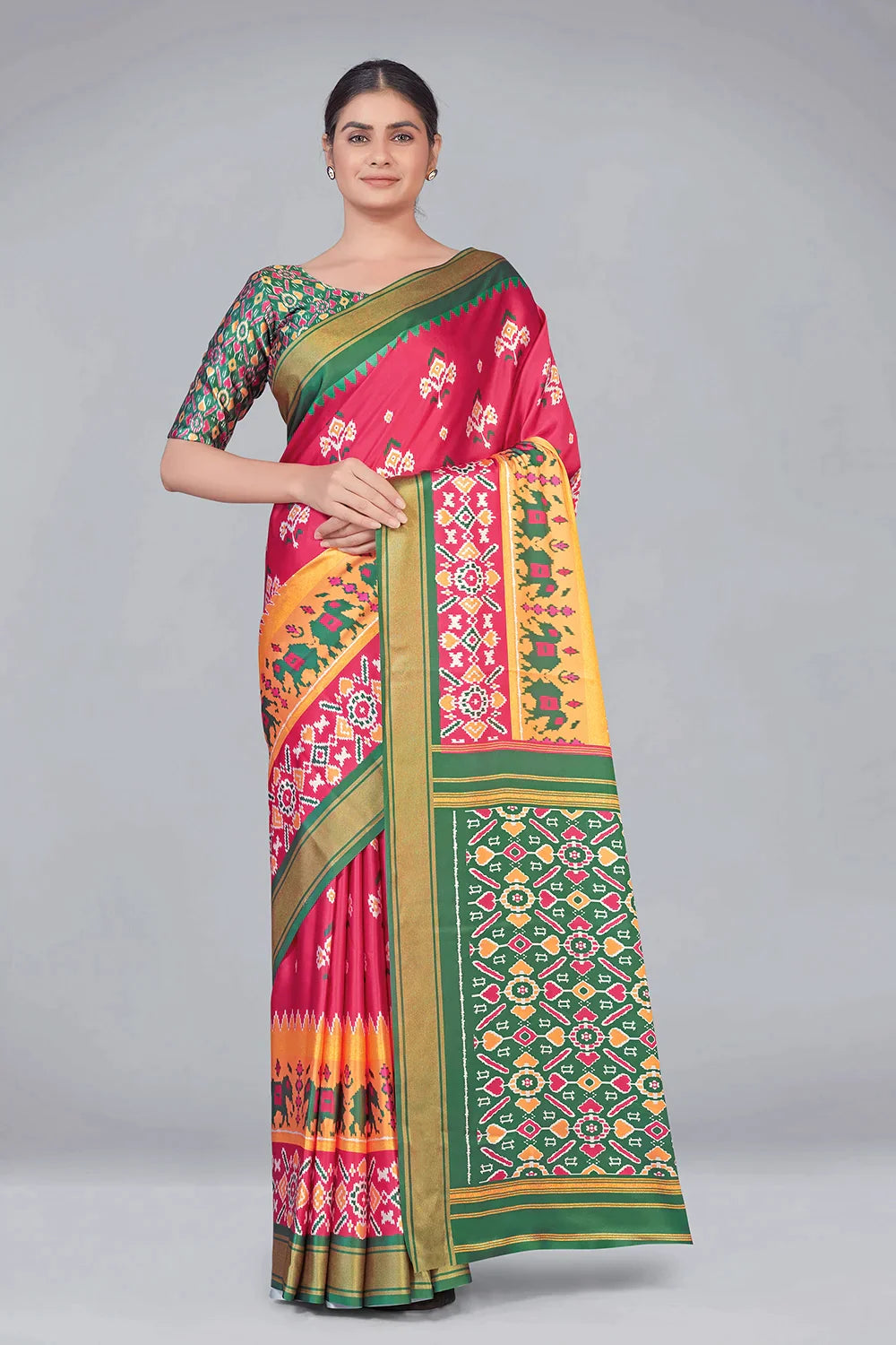 Pink & Green Patola With Digital Printed Saree