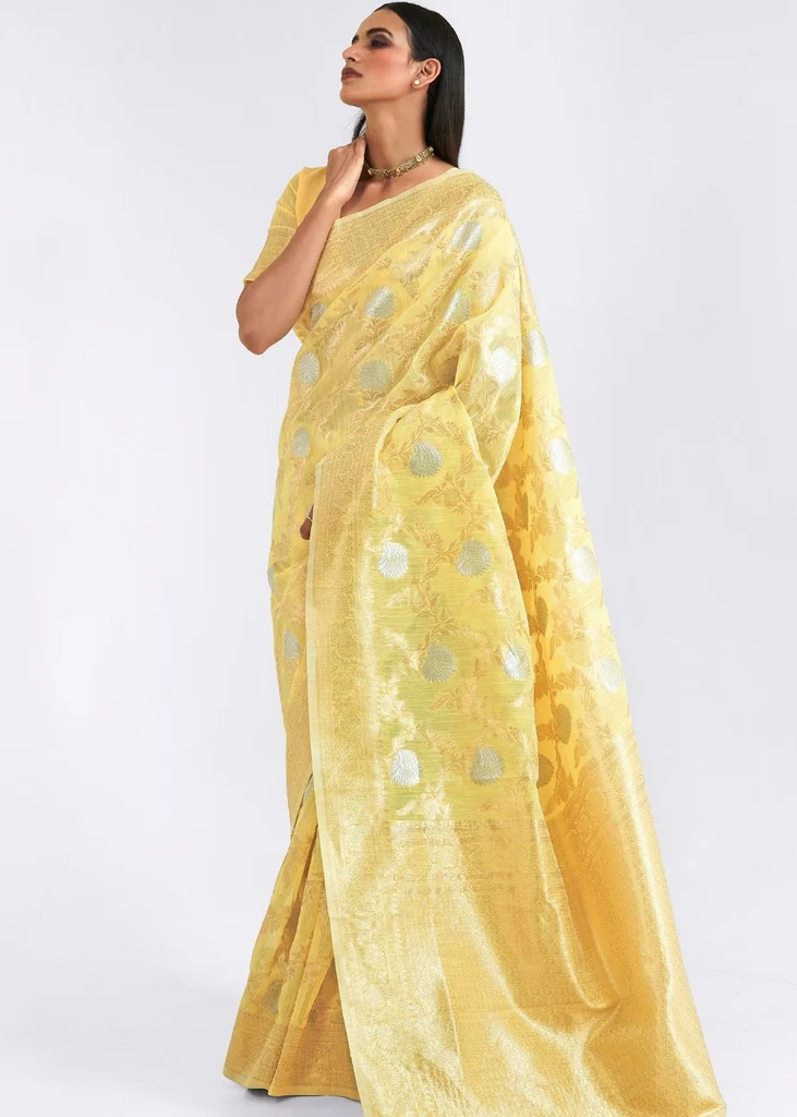 party wear saree in yellow colour