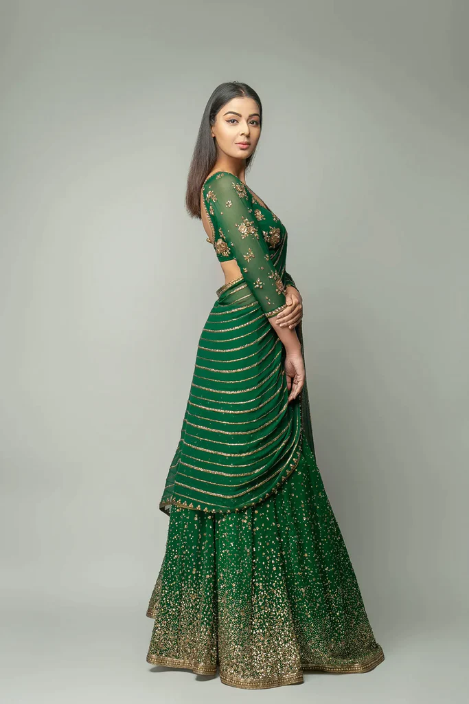 Pakistani Green Lehenga Saree in Georgette