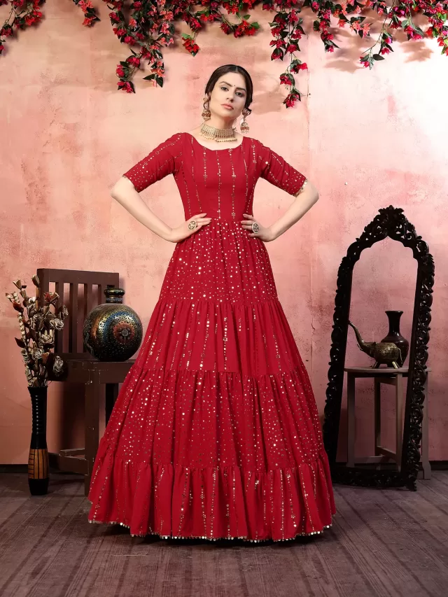 Casual Wear Red Santoon Gown With Fancy Sequins