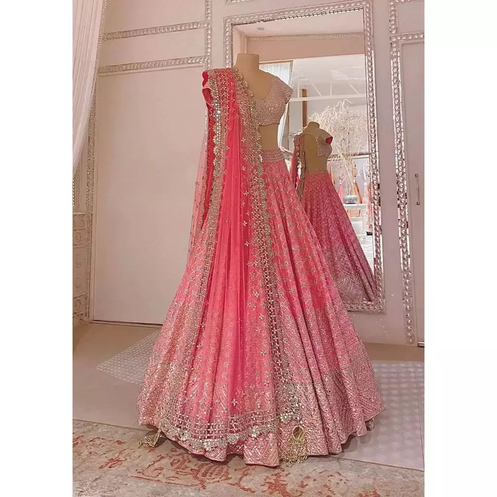 Designer-Pink-Mouch-Silk-Lehenga-Choli-with-Mirror-Work