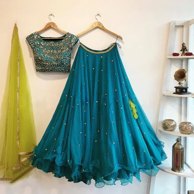 Aqua Blue Lehenga with Pearl Work and Embroidery Work Blouse