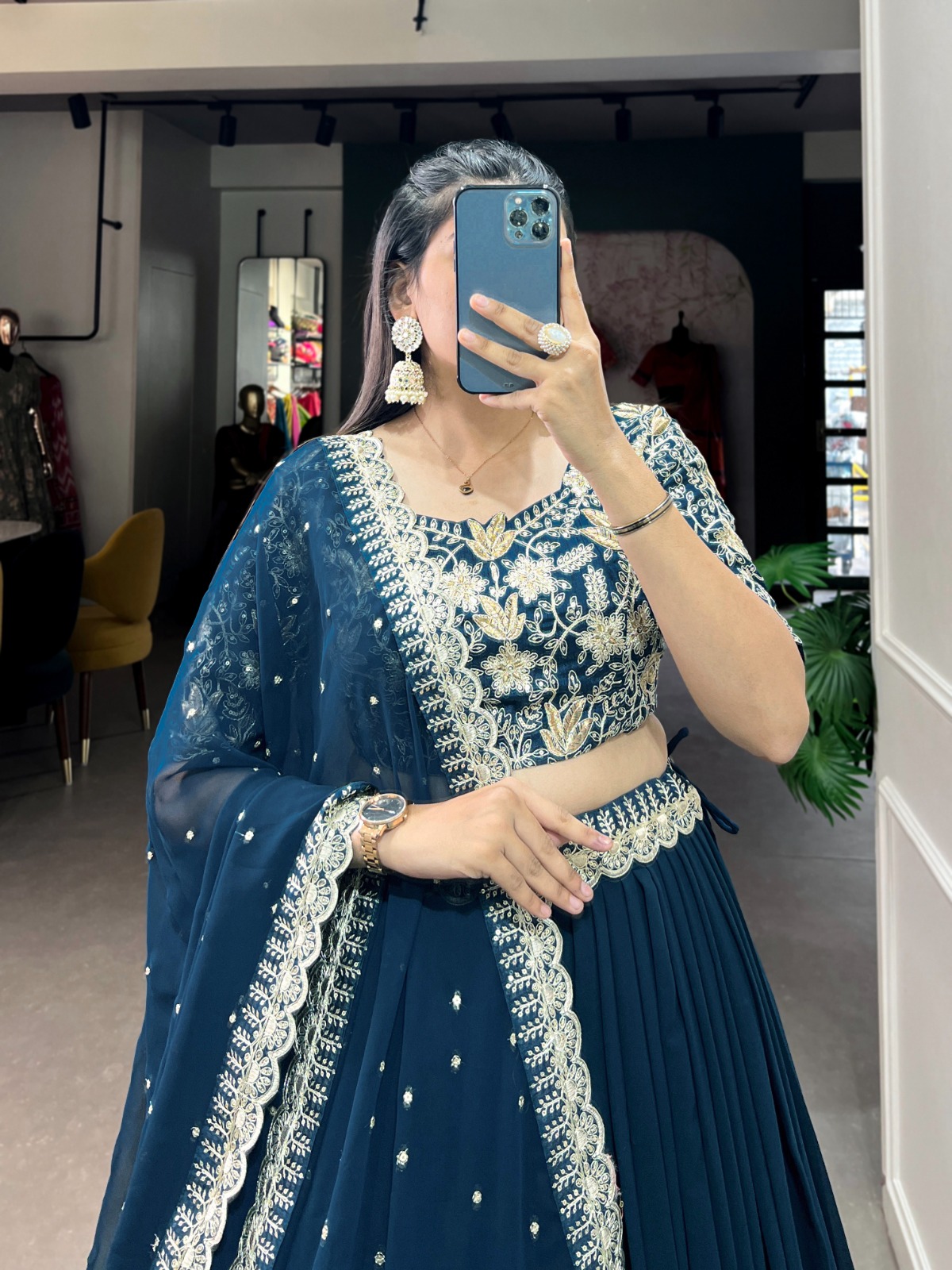 Teal Georgette Lehenga Choli with Embroidered Banglory Blouse, Sequins & Threadwork