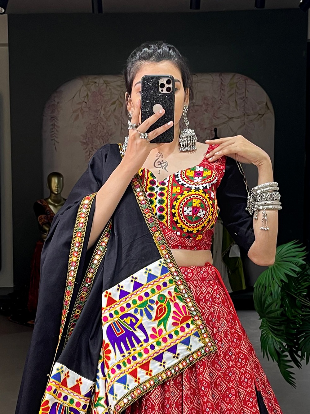 Red Color Printed And Gamthi Work With Mirror Work Cotton Chaniya Choli