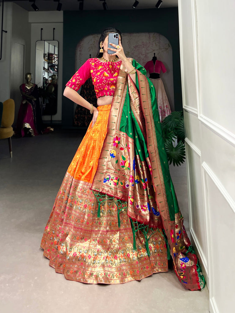 Orange Jacquard Lehenga Set with Zari Weaving – Embrace Elegance in Paithani Style