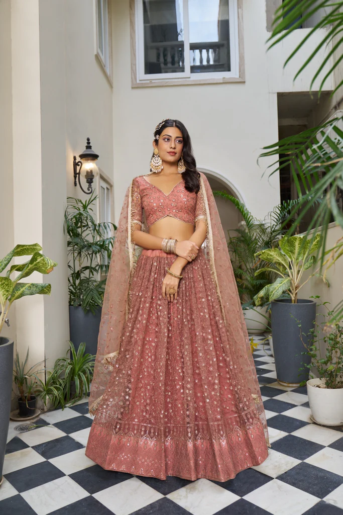 Rust Butterfly Net Lehenga with Tone-to-Tone Embroidery and Sequins