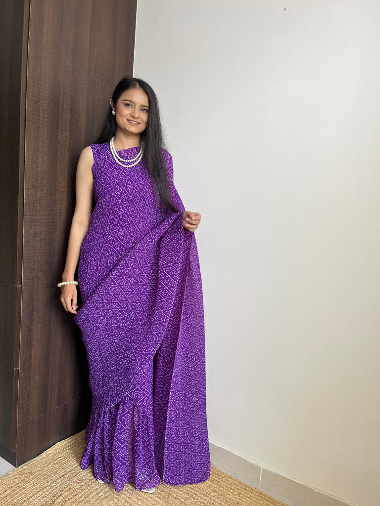 Purple Faux Georgette Saree Gown with Bandhani Print