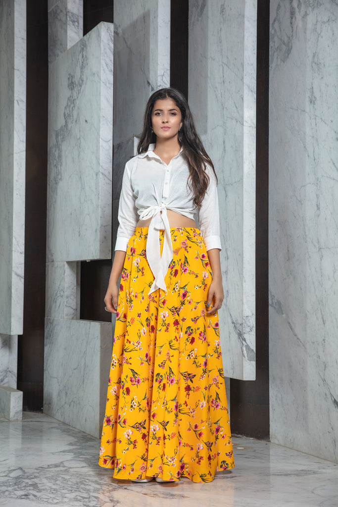 Readymade Yellow Printed Crepe Indo Western Skirt With White Shirt Top