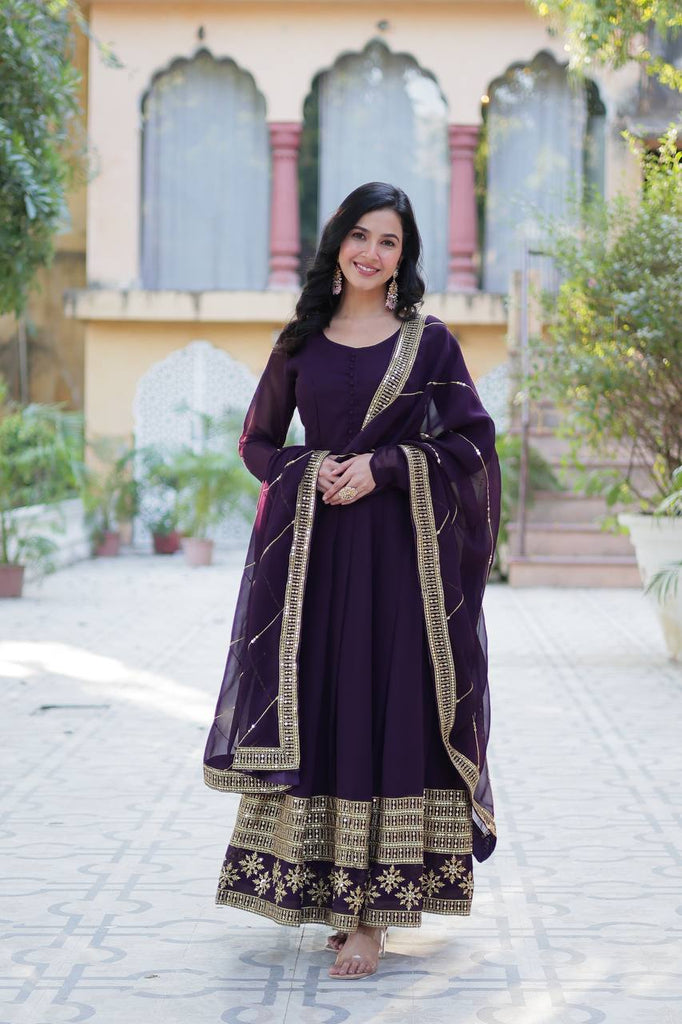 Dark Purple Elegant Faux Blooming Embroidered Gown with Dupatta