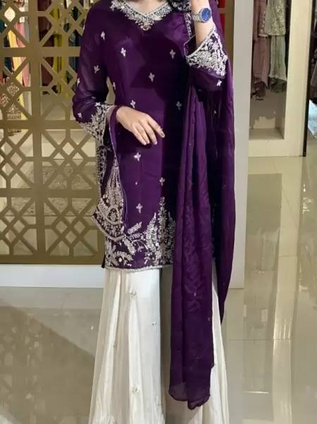 Purple Premium Designer Party Wear Heavy Chinon Silk Top, Palazzo & Dupatta Set